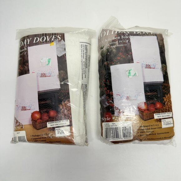 Tobin Holiday Doves Terry Kitchen Towels Stamped For Embroidery 2 Sets (4 Total) - Picture 1 of 5